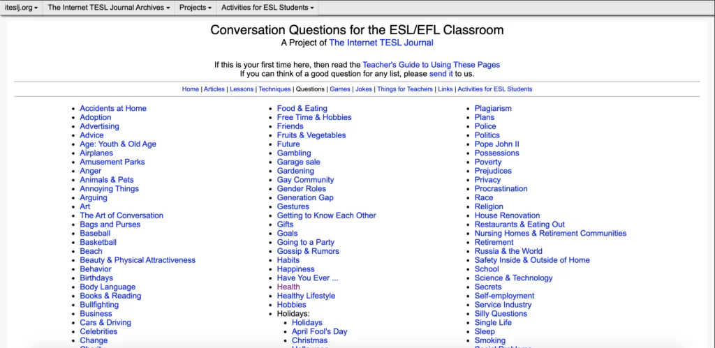 Conversation Questions for the ESL/EFL Classroom